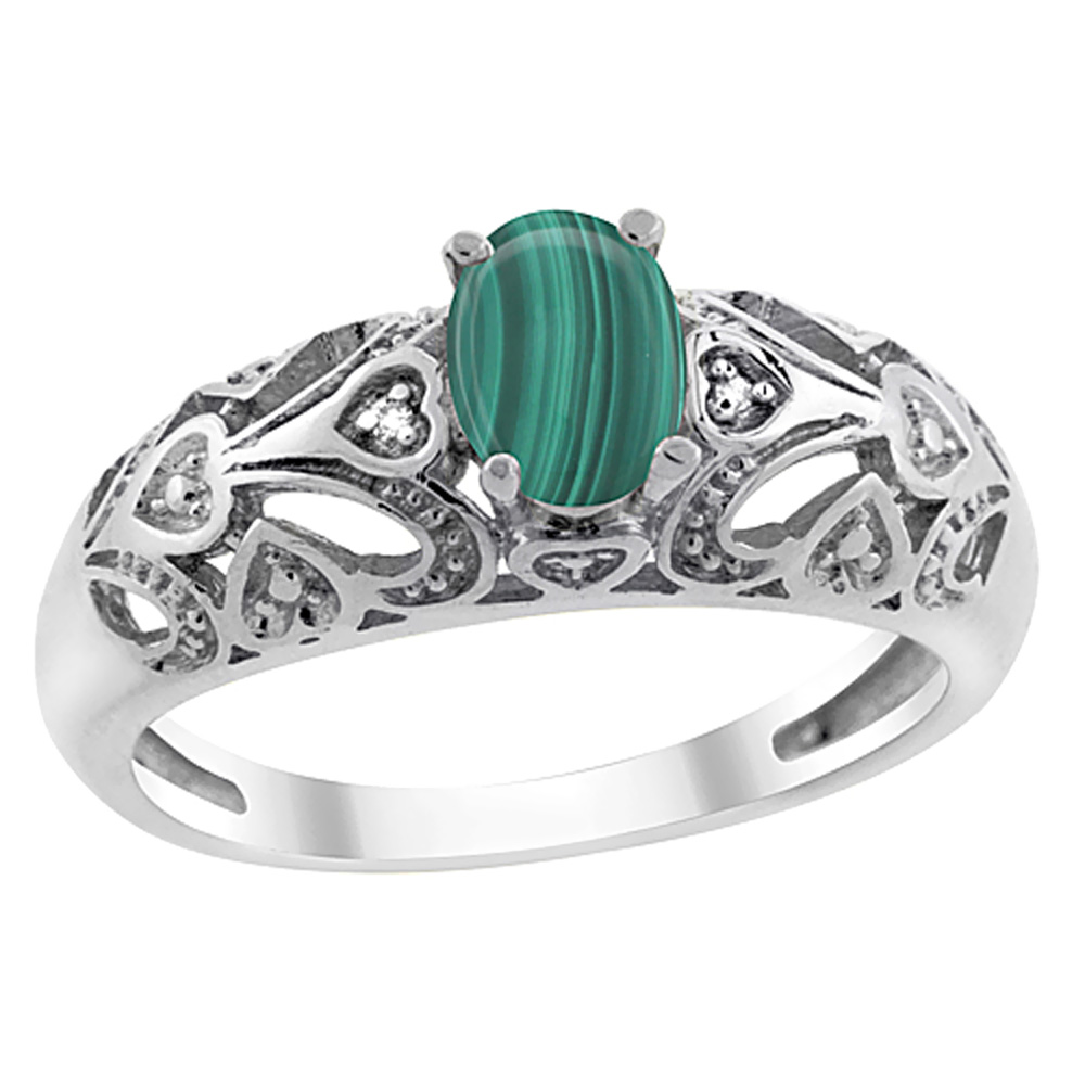 10K White Gold Natural Malachite Ring Oval 6x4 mm Diamond Accent, sizes 5 - 10