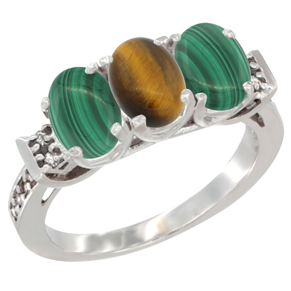 14K White Gold Natural Tiger Eye & Malachite Ring 3-Stone 7x5 mm Oval Diamond Accent, sizes 5 - 10