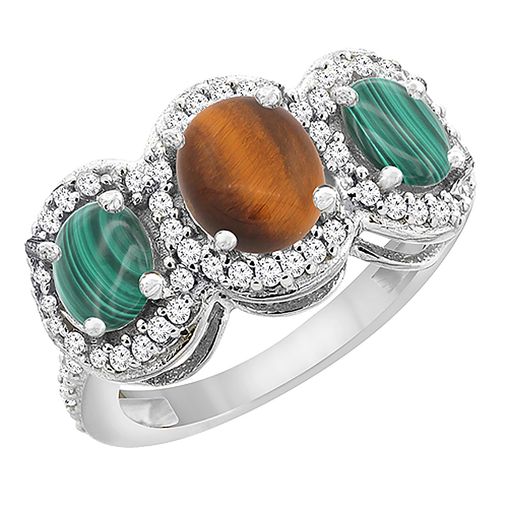 14K White Gold Natural Tiger Eye & Malachite 3-Stone Ring Oval Diamond Accent, sizes 5 - 10