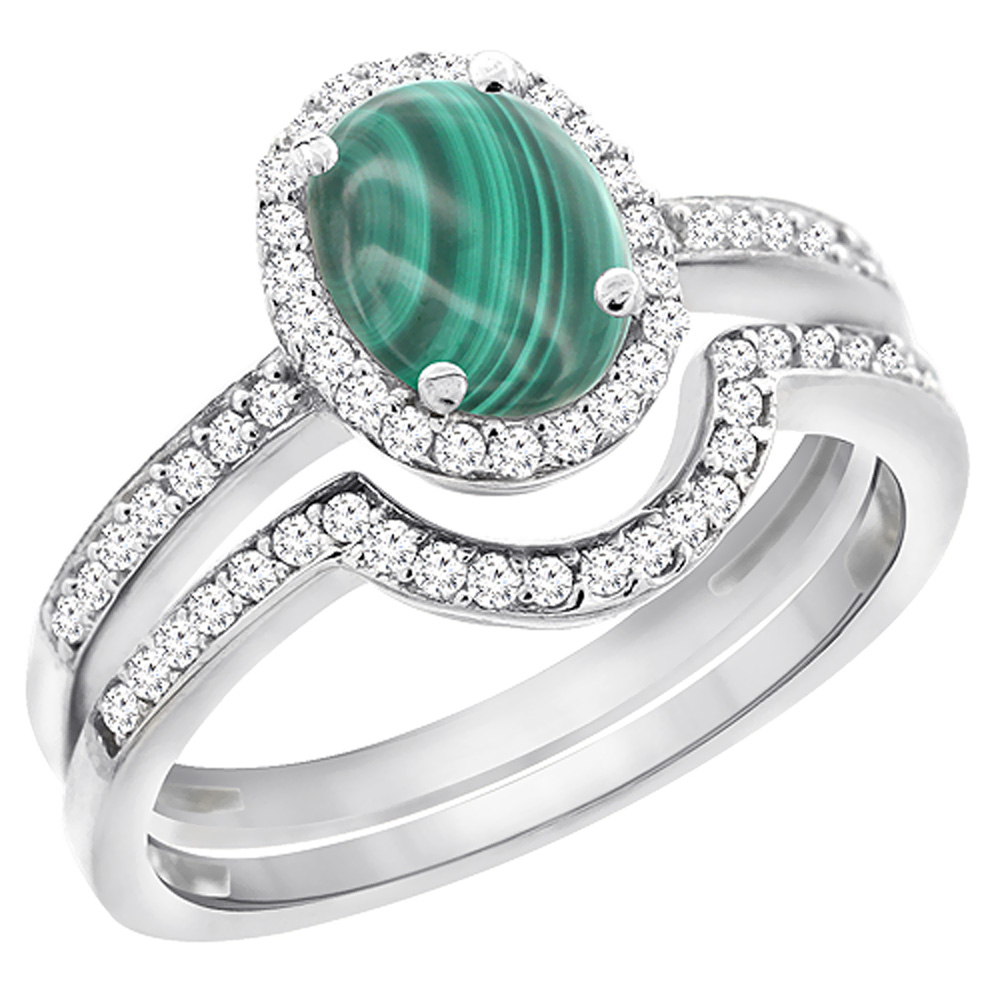10K White Gold Diamond Natural Malachite 2-Pc. Engagement Ring Set Oval 8x6 mm, sizes 5 - 10