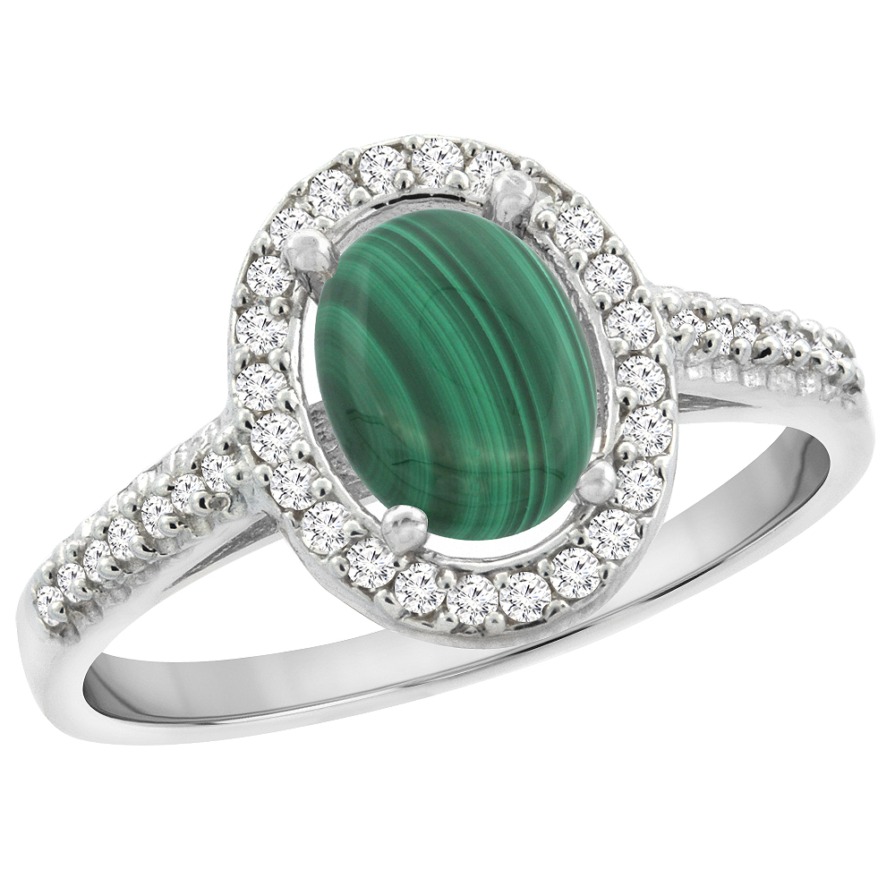 14K White Gold Natural Malachite Engagement Ring Oval 7x5 mm Diamond Halo, sizes 5 - 10