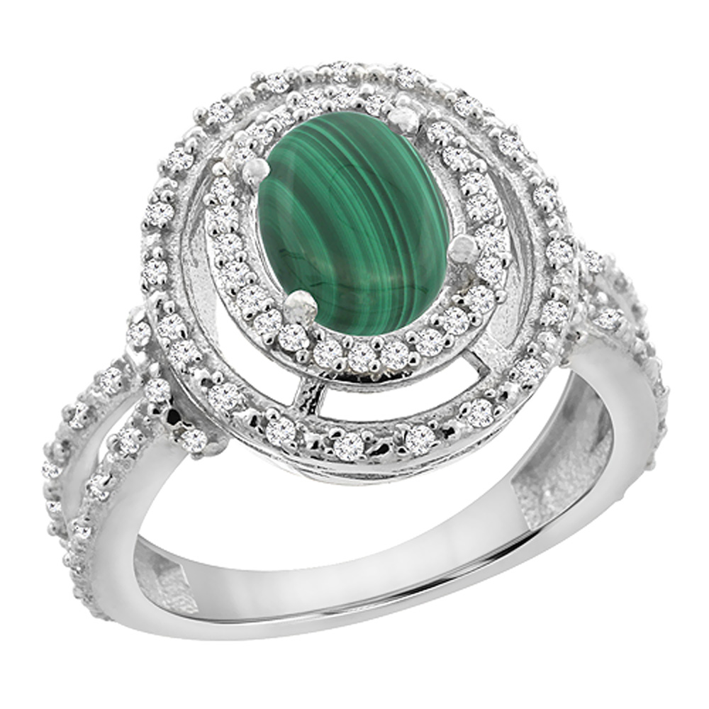 10K White Gold Natural Malachite Ring Oval 8x6 mm Double Halo Diamond, sizes 5 - 10