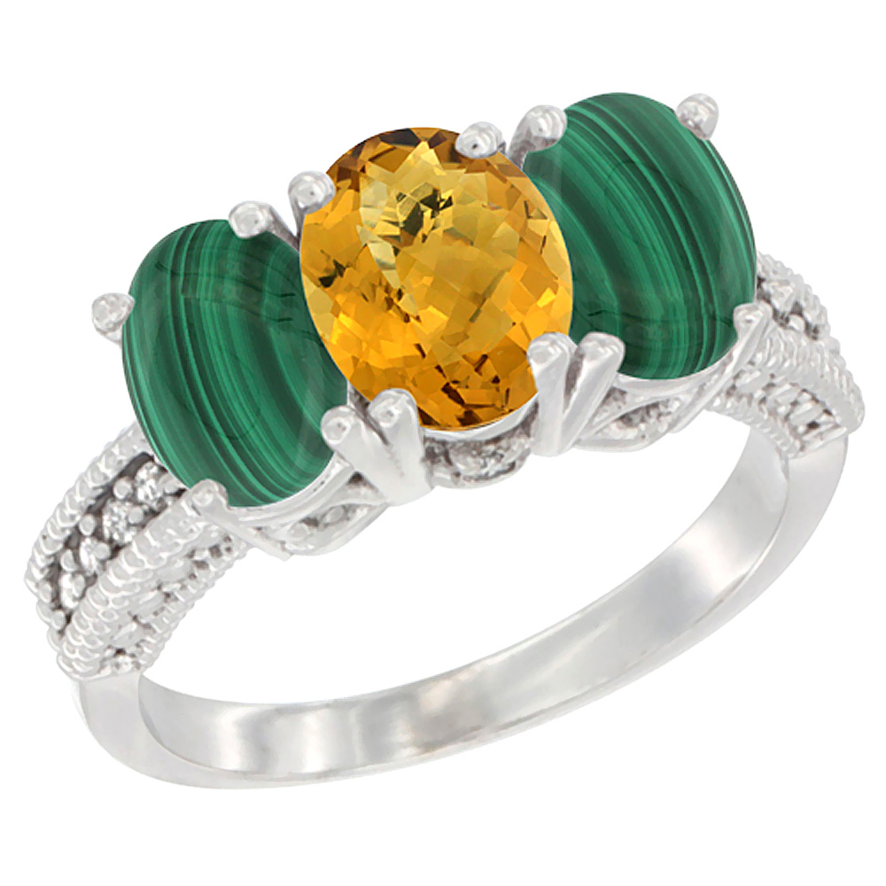 10K White Gold Diamond Natural Whisky Quartz & Malachite Ring 3-Stone 7x5 mm Oval, sizes 5 - 10