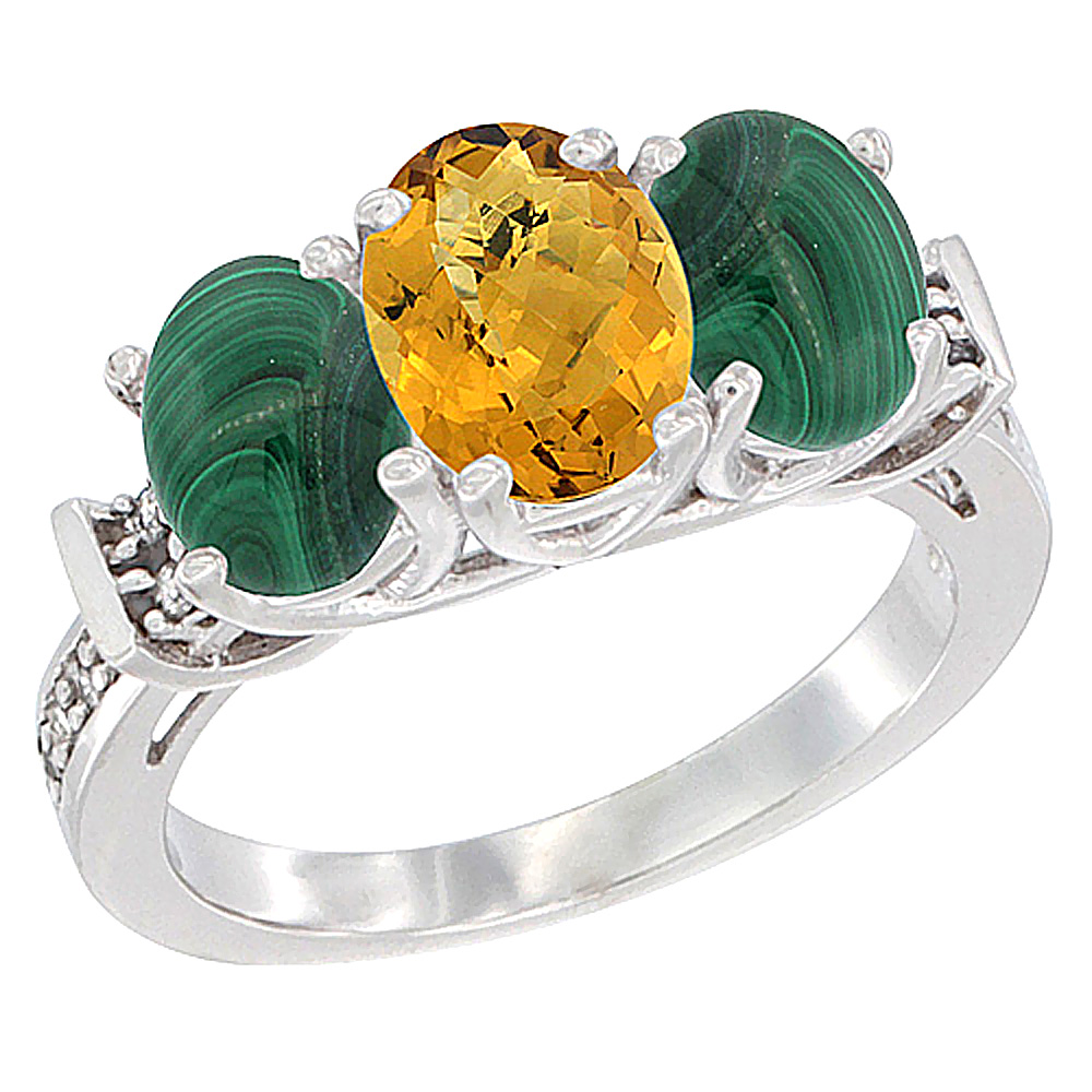 10K White Gold Natural Whisky Quartz & Malachite Sides Ring 3-Stone Oval Diamond Accent, sizes 5 - 10