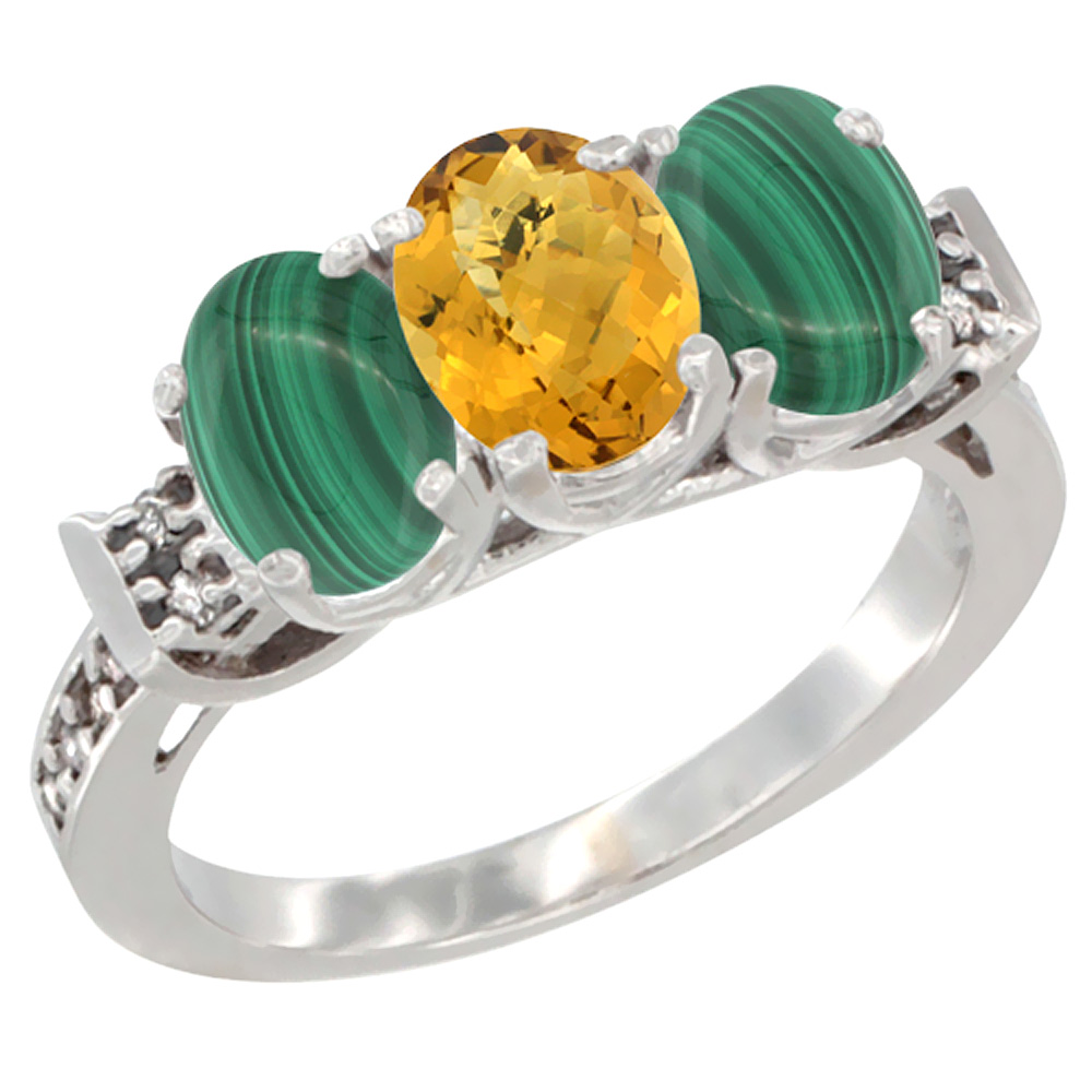 10K White Gold Natural Whisky Quartz & Malachite Sides Ring 3-Stone Oval 7x5 mm Diamond Accent, sizes 5 - 10