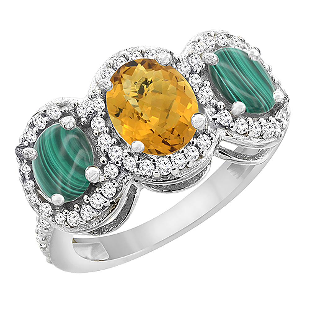 10K White Gold Natural Whisky Quartz & Malachite 3-Stone Ring Oval Diamond Accent, sizes 5 - 10