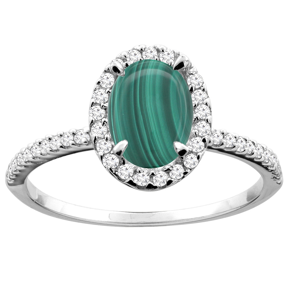 10K White/Yellow Gold Natural Malachite Ring Oval 8x6mm Diamond Accent, sizes 5 - 10