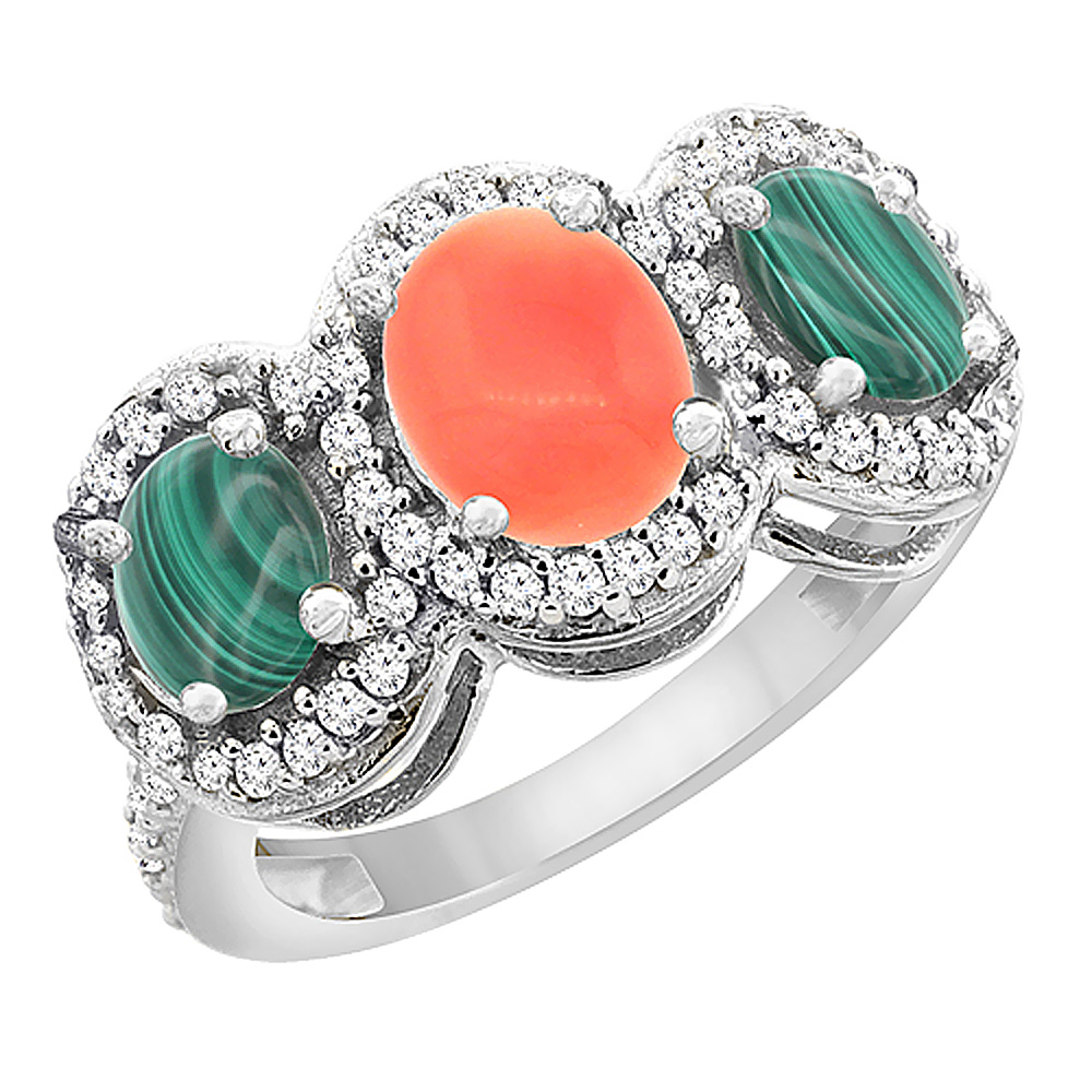 10K White Gold Natural Coral & Malachite 3-Stone Ring Oval Diamond Accent, sizes 5 - 10