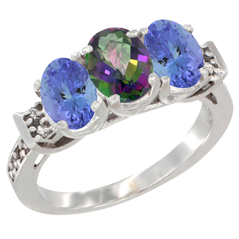 14K White Gold Natural Mystic Topaz & Tanzanite Ring 3-Stone 7x5 mm Oval Diamond Accent, sizes 5 - 10