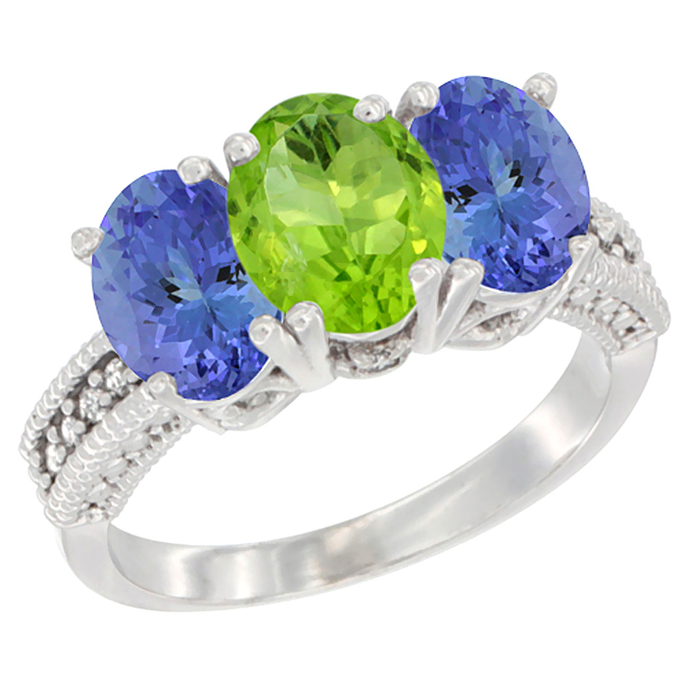 10K White Gold Diamond Natural Peridot & Tanzanite Ring 3-Stone 7x5 mm Oval, sizes 5 - 10