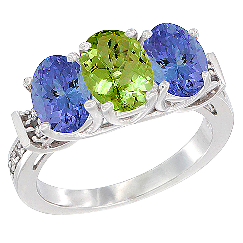 10K White Gold Natural Peridot & Tanzanite Sides Ring 3-Stone Oval Diamond Accent, sizes 5 - 10
