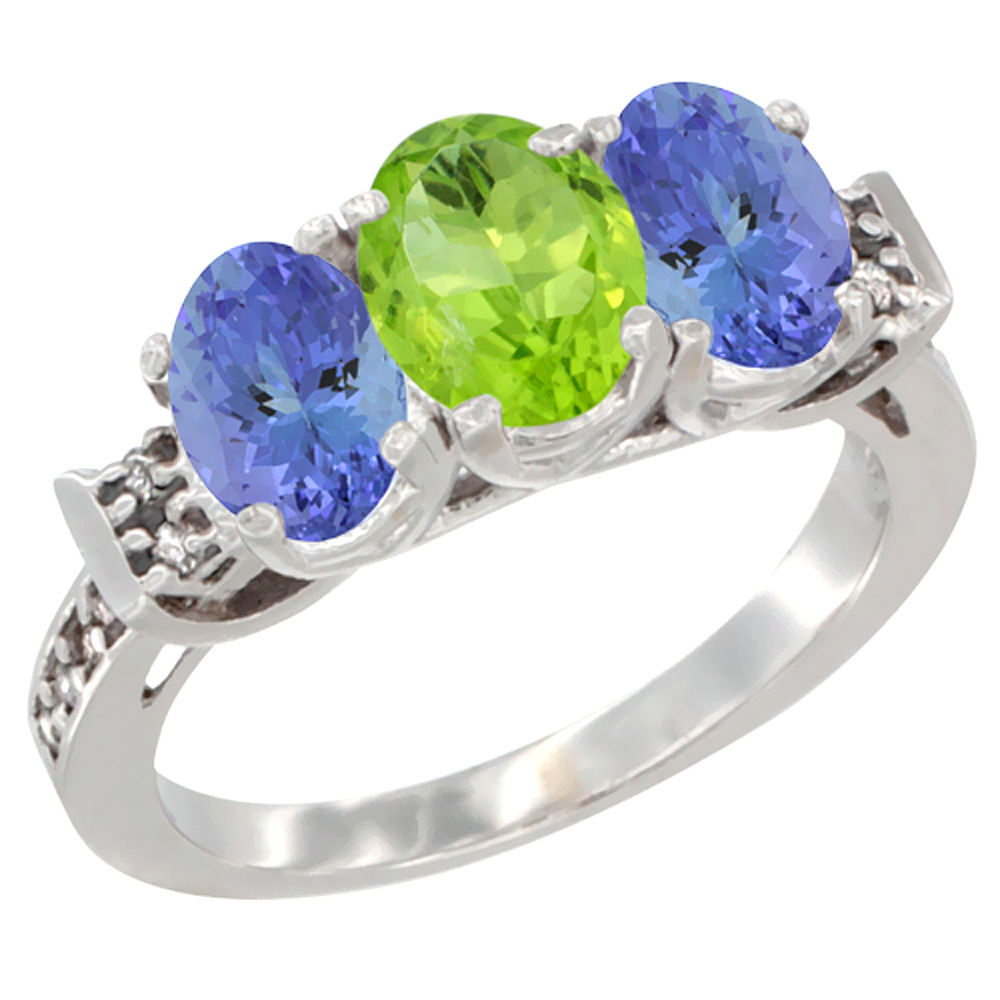 10K White Gold Natural Peridot & Tanzanite Sides Ring 3-Stone Oval 7x5 mm Diamond Accent, sizes 5 - 10