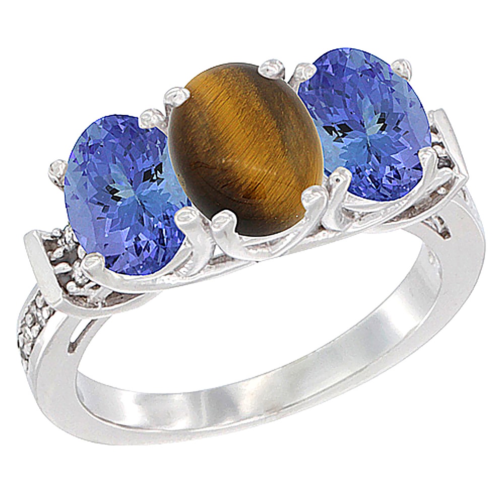 14K White Gold Natural Tiger Eye & Tanzanite Sides Ring 3-Stone Oval Diamond Accent, sizes 5 - 10