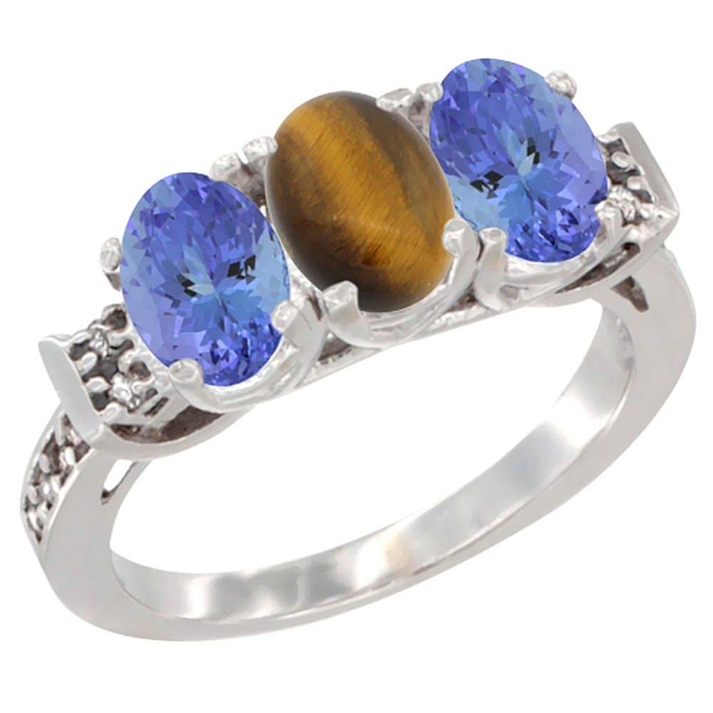 14K White Gold Natural Tiger Eye & Tanzanite Ring 3-Stone 7x5 mm Oval Diamond Accent, sizes 5 - 10