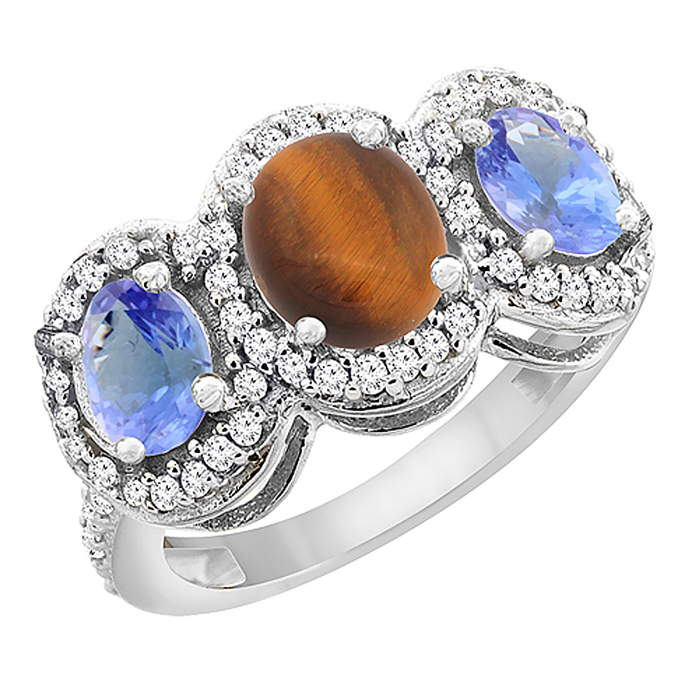 14K White Gold Natural Tiger Eye & Tanzanite 3-Stone Ring Oval Diamond Accent, sizes 5 - 10