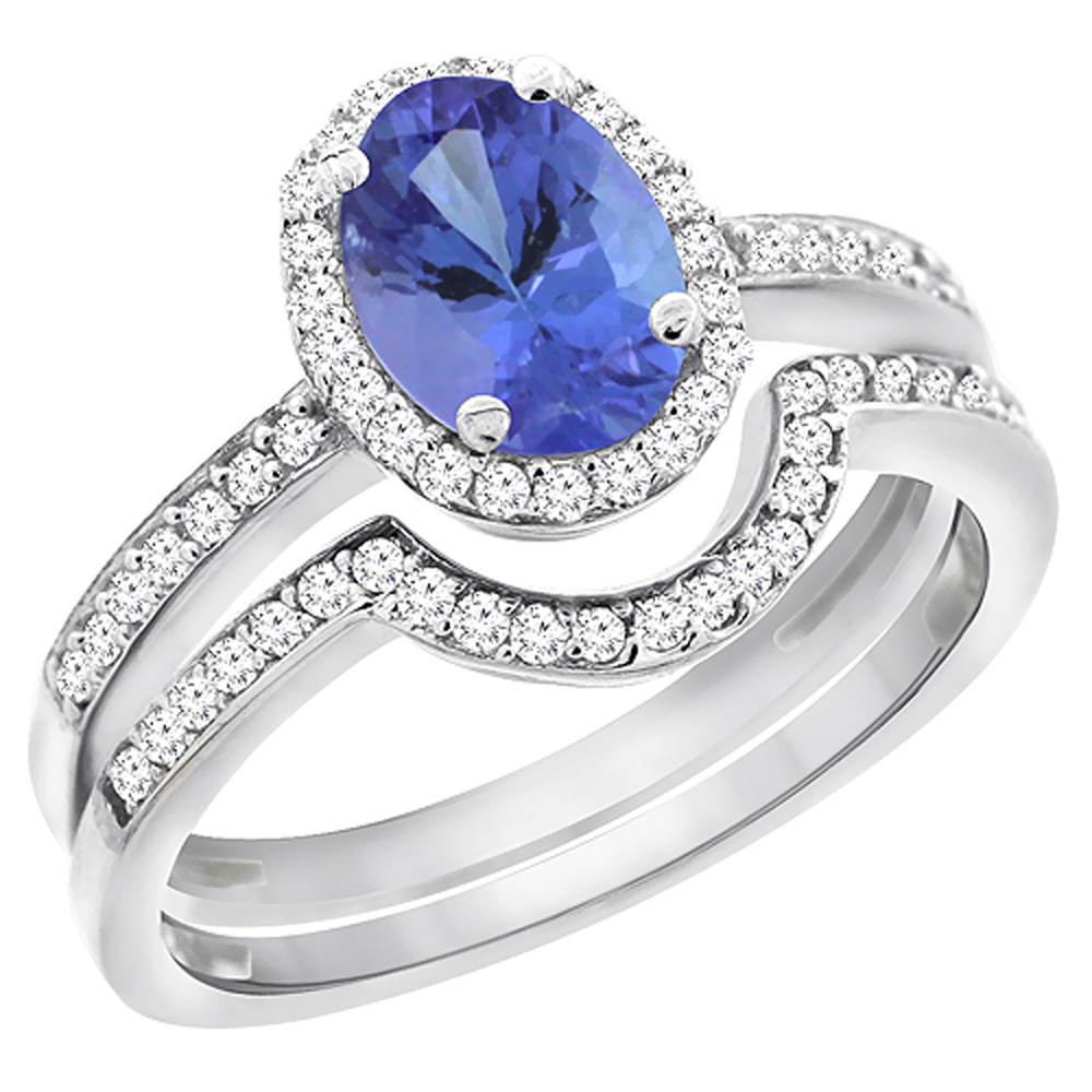 10K White Gold Diamond Natural Tanzanite 2-Pc. Engagement Ring Set Oval 8x6 mm, sizes 5 - 10