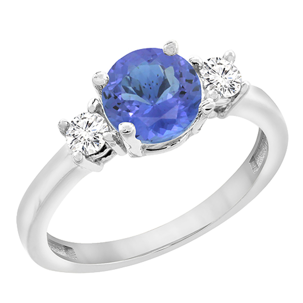 10K White Gold Diamond Natural Tanzanite Engagement Ring Round 7mm, sizes 5 to 10 with half sizes