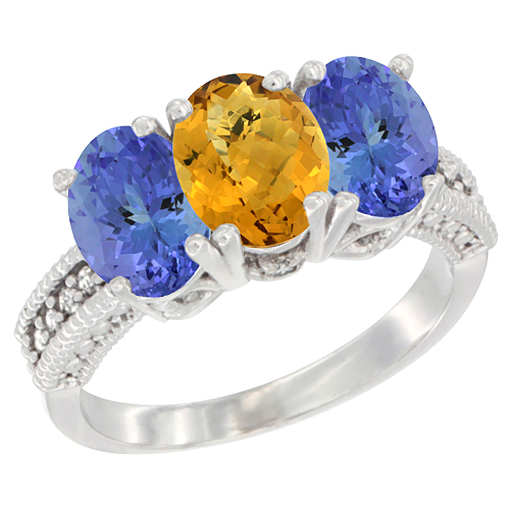 10K White Gold Diamond Natural Whisky Quartz & Tanzanite Ring 3-Stone 7x5 mm Oval, sizes 5 - 10