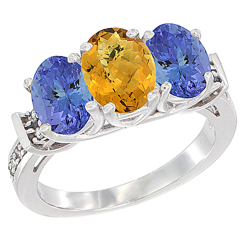10K White Gold Natural Whisky Quartz & Tanzanite Sides Ring 3-Stone Oval Diamond Accent, sizes 5 - 10
