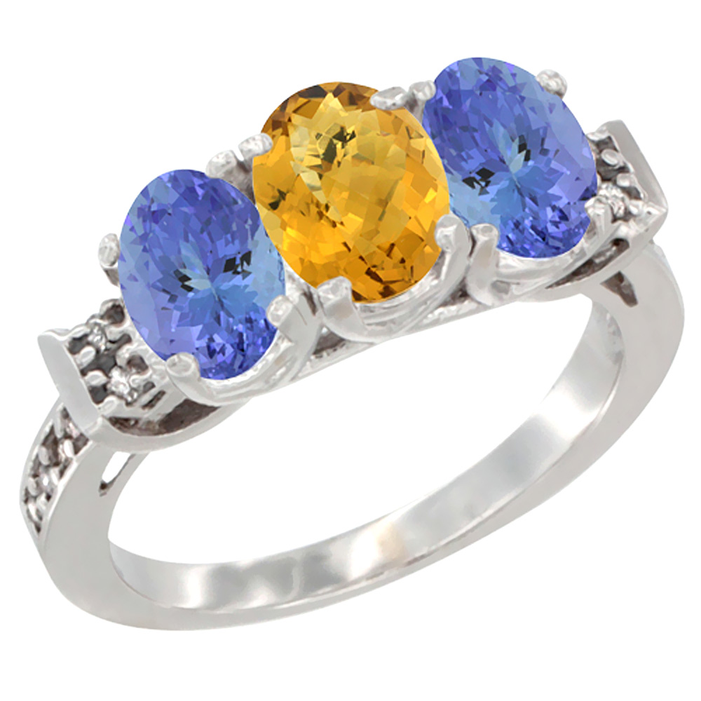 10K White Gold Natural Whisky Quartz & Tanzanite Sides Ring 3-Stone Oval 7x5 mm Diamond Accent, sizes 5 - 10