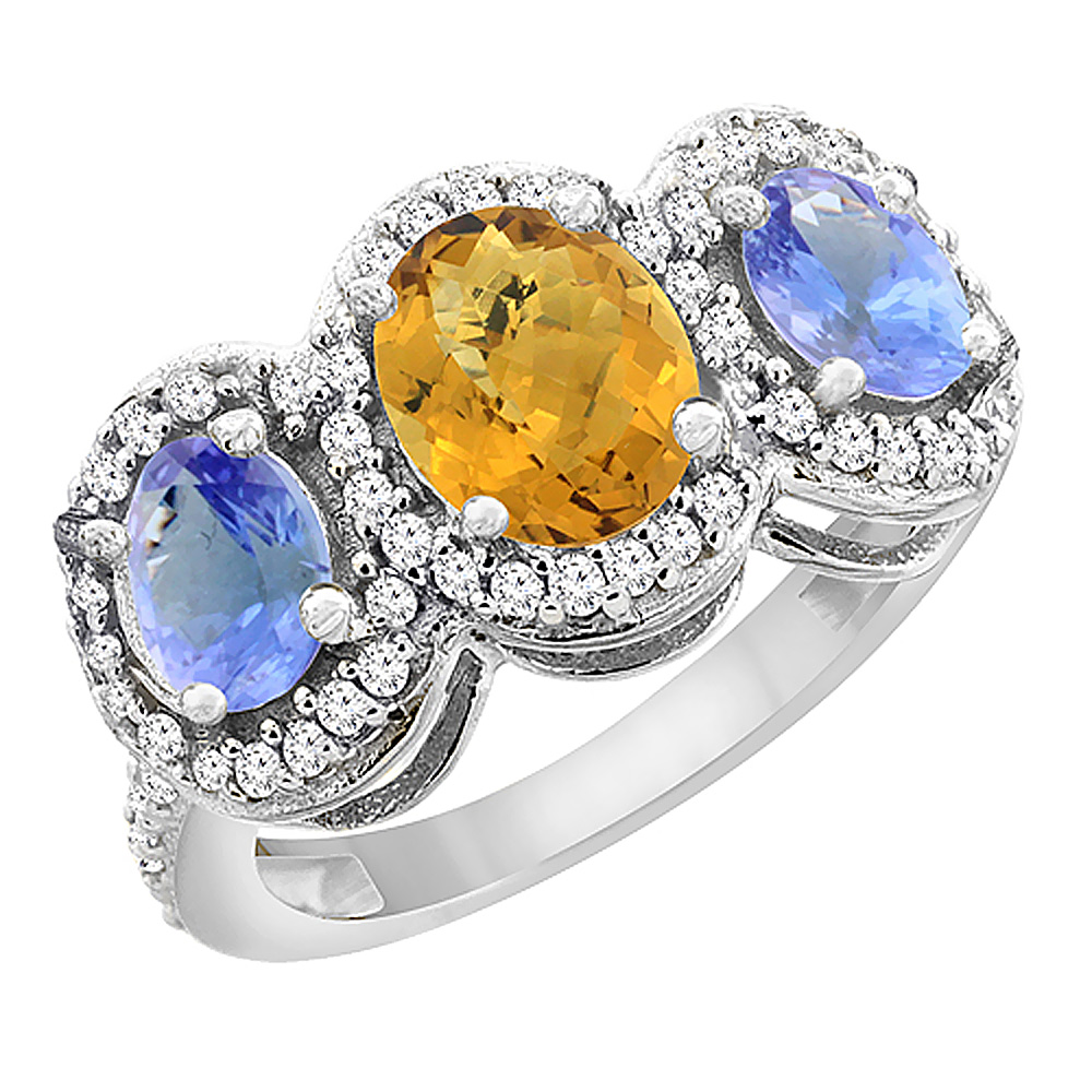 10K White Gold Natural Whisky Quartz & Tanzanite 3-Stone Ring Oval Diamond Accent, sizes 5 - 10