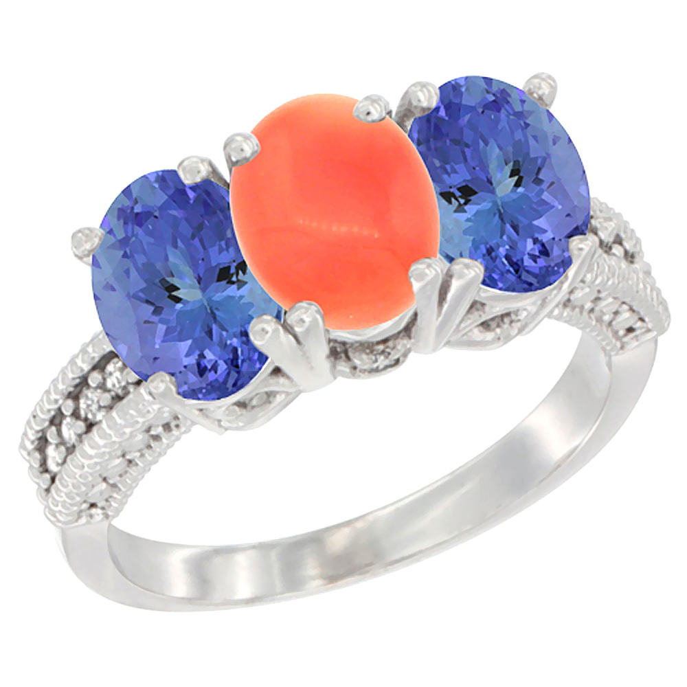 10K White Gold Diamond Natural Coral & Tanzanite Ring 3-Stone 7x5 mm Oval, sizes 5 - 10