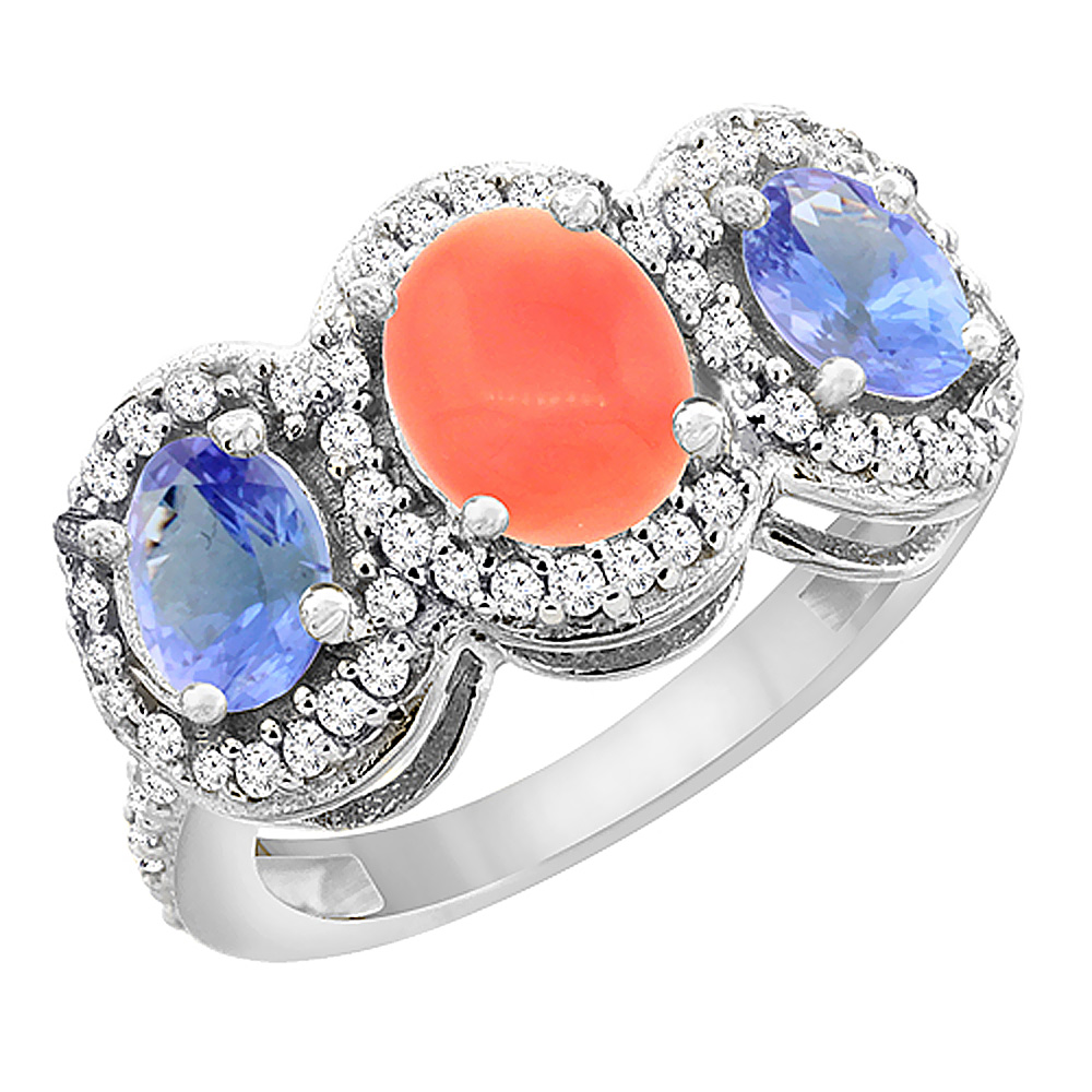 10K White Gold Natural Coral & Tanzanite 3-Stone Ring Oval Diamond Accent, sizes 5 - 10