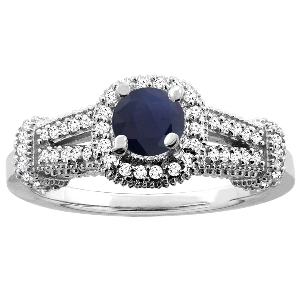 10K White Gold Natural High Quality Blue Sapphire Engagement Halo Ring Round 5mm Diamond Accents, sizes 5 - 10