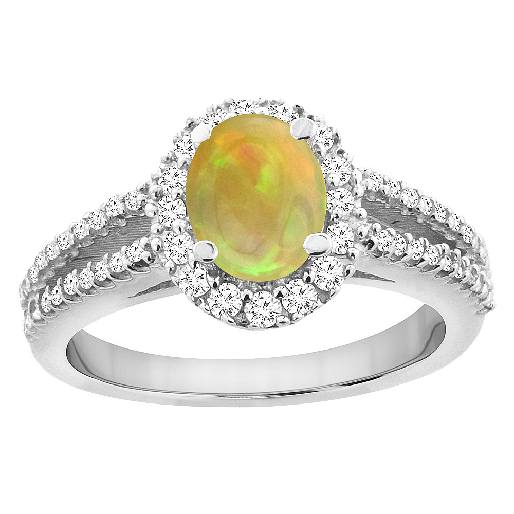 14K White Gold Natural Ethiopian Opal Diamond Halo Engagement Ring Oval 7x5 mm, size 5 - 10