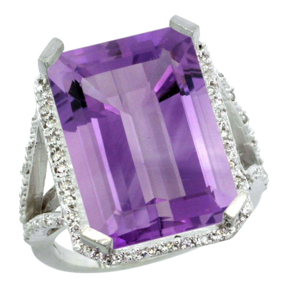 Sterling Silver Diamond Amethyst Ring Emerald-cut 18x13mm, 13/16 inch wide, sizes 5-10