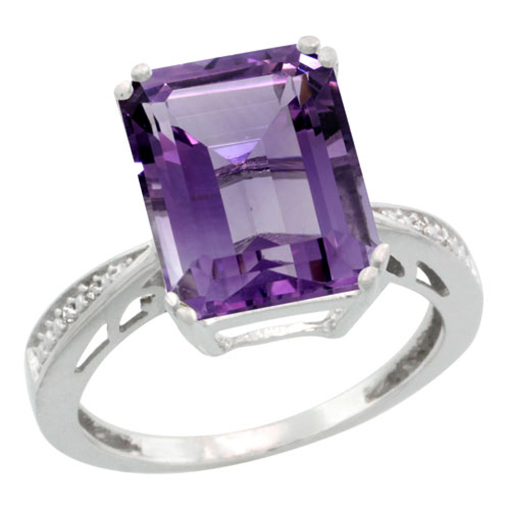 Sterling Silver Diamond Amethyst Ring Emerald-cut 12x10mm, 1/2 inch wide, sizes 5-10