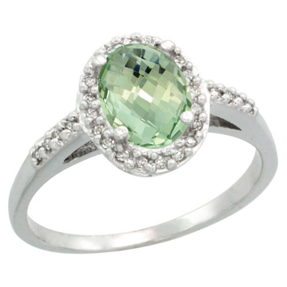 Sterling Silver Diamond Natural Green Amethyst Ring Ring Oval 8x6mm, 3/8 inch wide, sizes 5-10