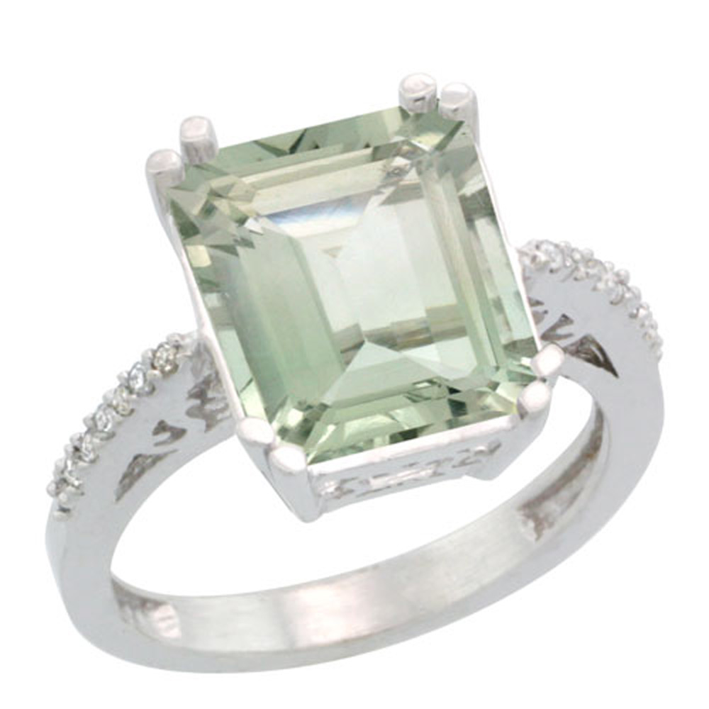 Sterling Silver Diamond Green Amethyst Ring Emerald-cut 12x10mm, 1/2 inch wide, sizes 5-10