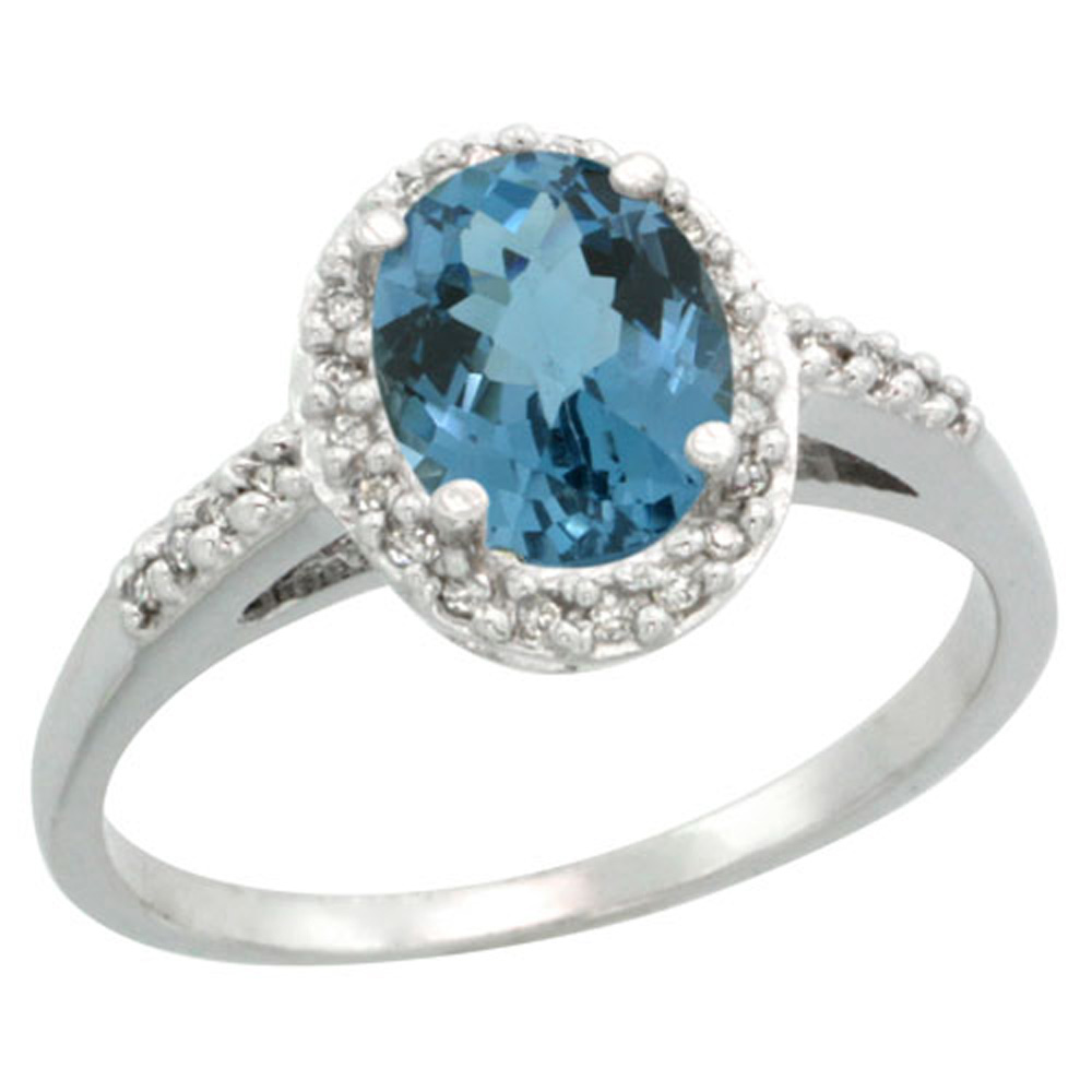 Sterling Silver Diamond Natural London Blue Topaz Ring Oval 8x6mm, 3/8 inch wide, sizes 5-10
