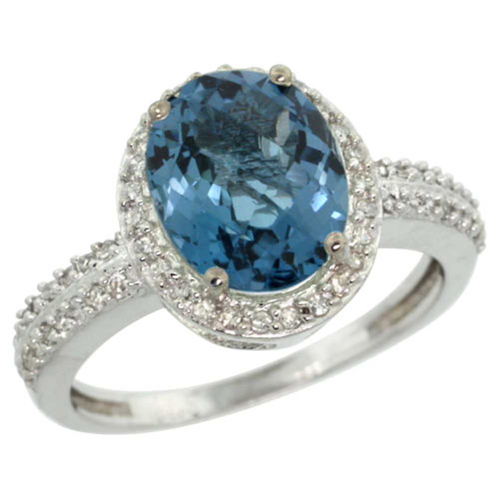 Sterling Silver Diamond Natural London Blue Topaz Ring Oval 10x8mm, 1/2 inch wide, sizes 5-10