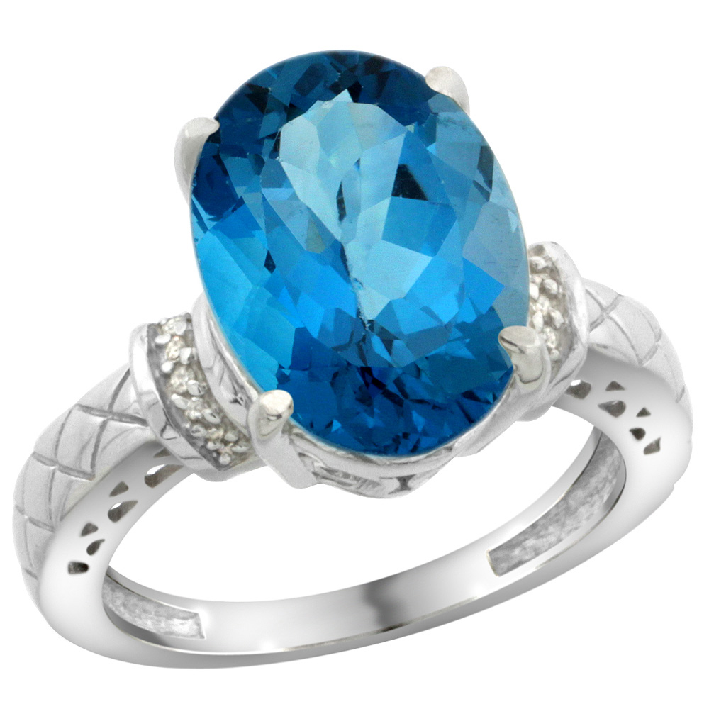 Sterling Silver Diamond Natural London Blue Topaz Ring Oval 14x10mm, sizes 5-10