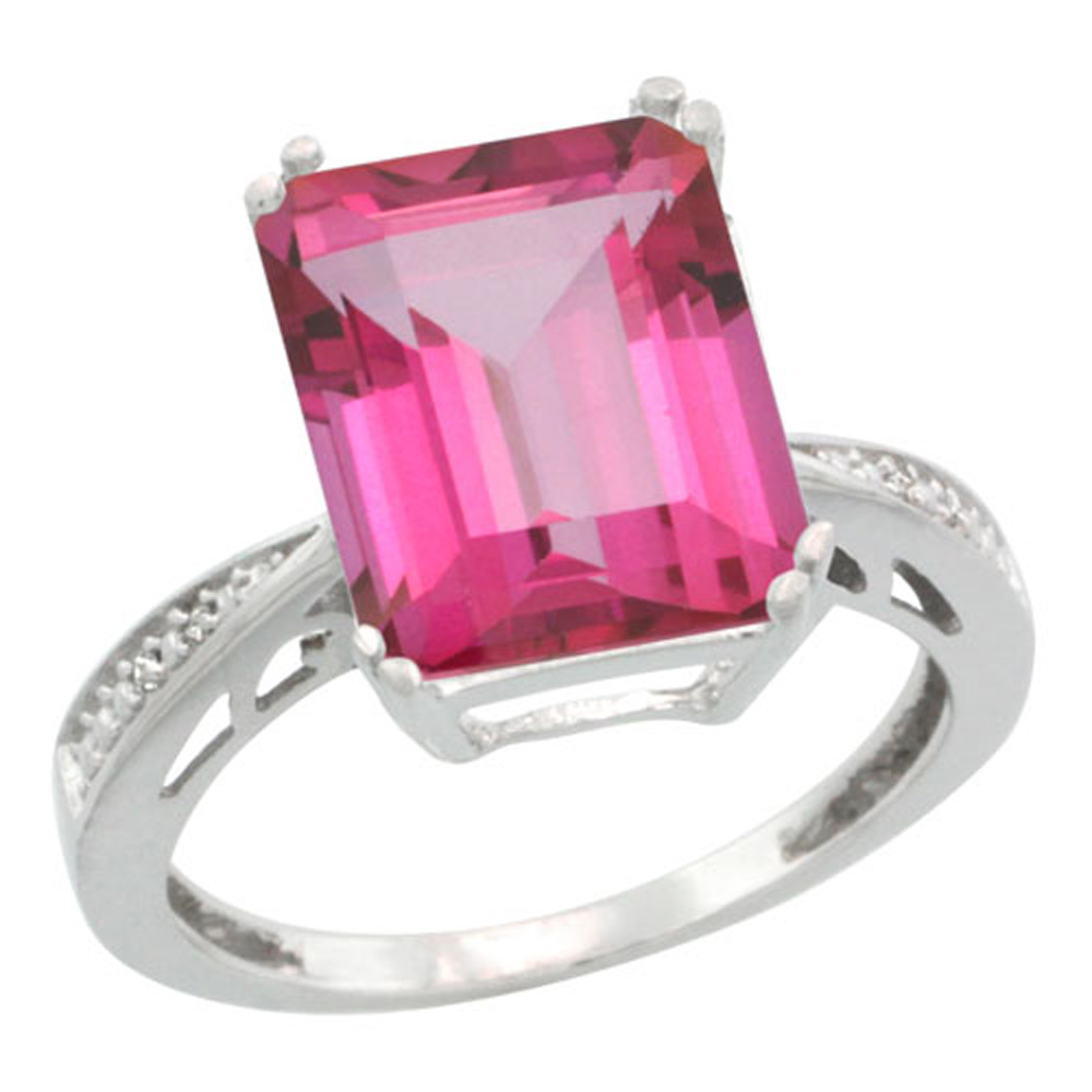 Sterling Silver Diamond Natural Pink Topaz Ring Emerald-cut 12x10mm, 1/2 inch wide, sizes 5-10