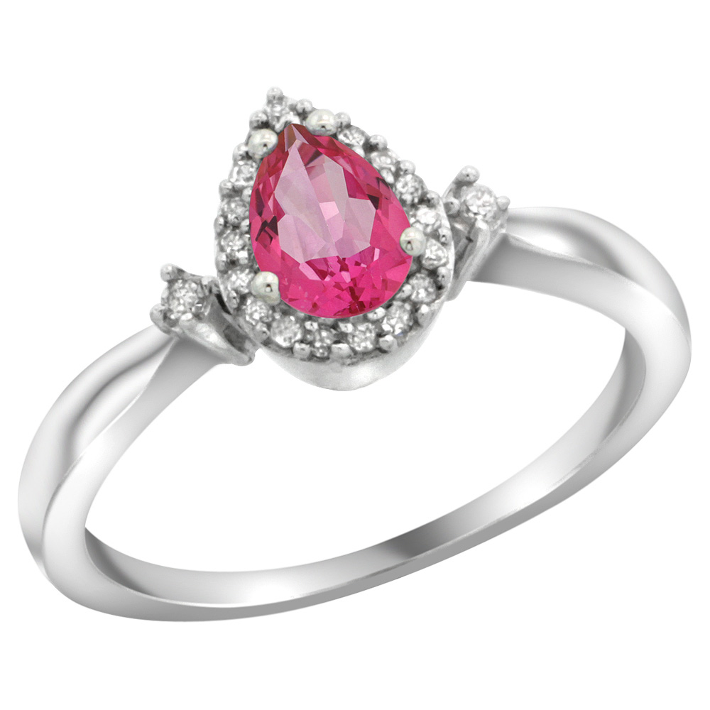 Sterling Silver Diamond Natural Pink Topaz Ring Pear 6x4mm, 3/8 inch wide, sizes 5-10