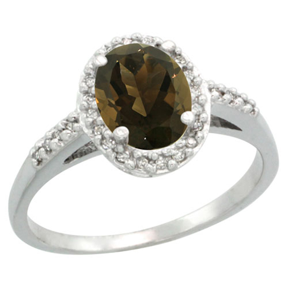 Sterling Silver Diamond Natural Smoky Topaz Ring Oval 8x6mm, 3/8 inch wide, sizes 5-10