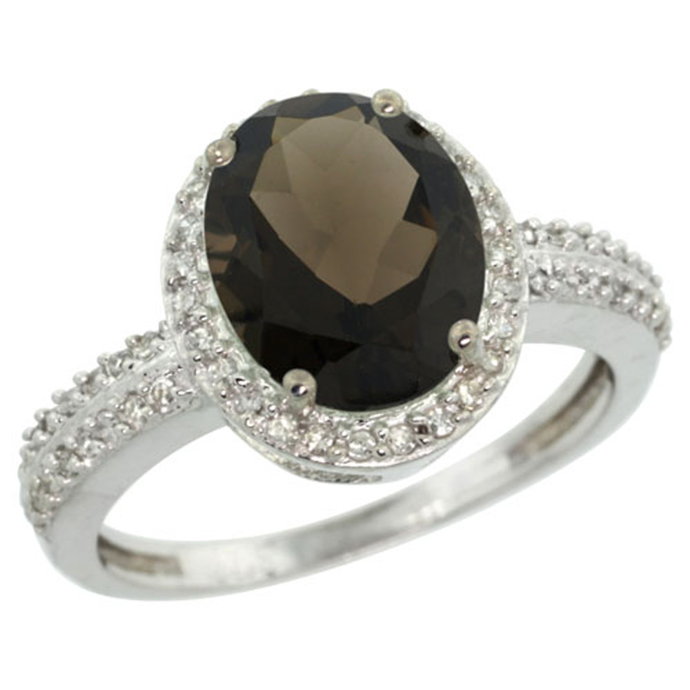 Sterling Silver Diamond Natural Smoky Topaz Ring Oval 10x8mm, 1/2 inch wide, sizes 5-10