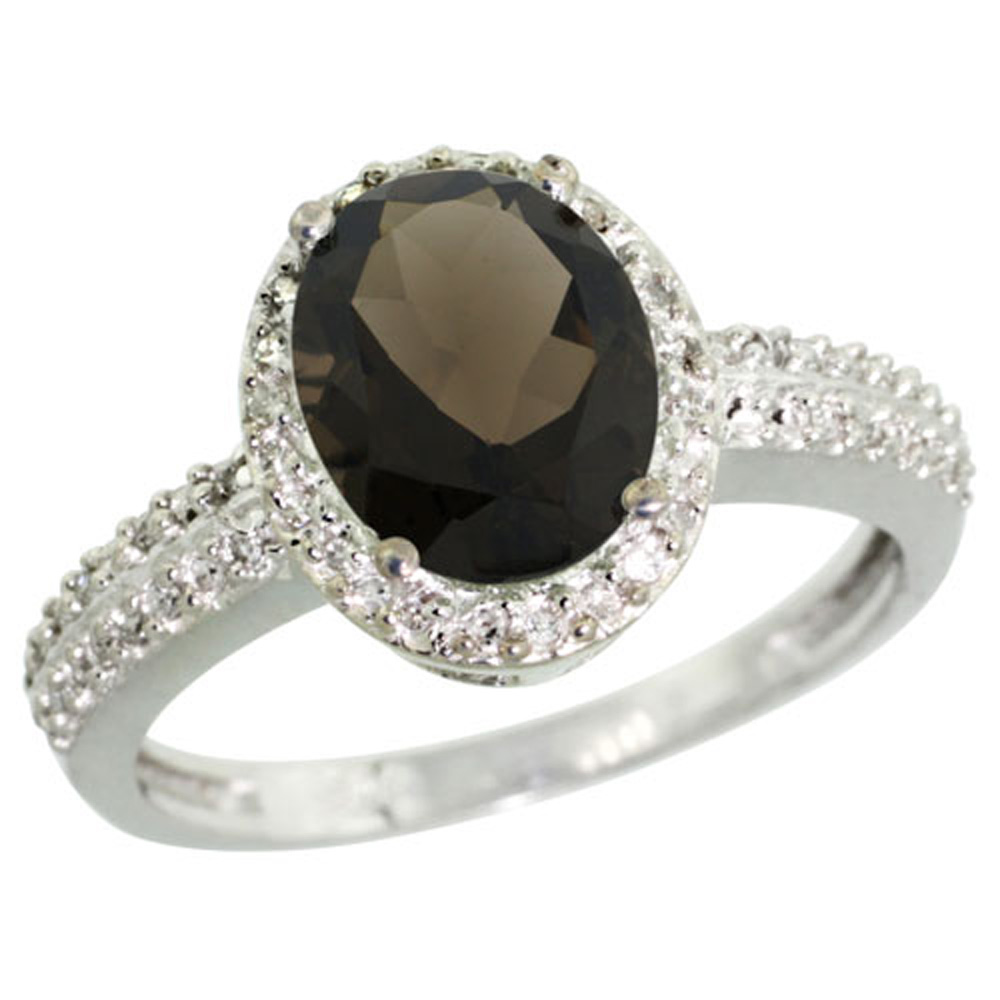 Sterling Silver Diamond Natural Smoky Topaz Ring Oval 9x7mm, 1/2 inch wide, sizes 5-10