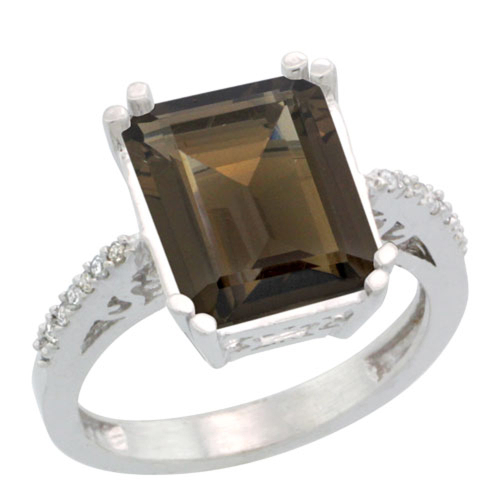Sterling Silver Diamond Natural Smoky Topaz Ring Emerald-cut 12x10mm, 1/2 inch wide, sizes 5-10