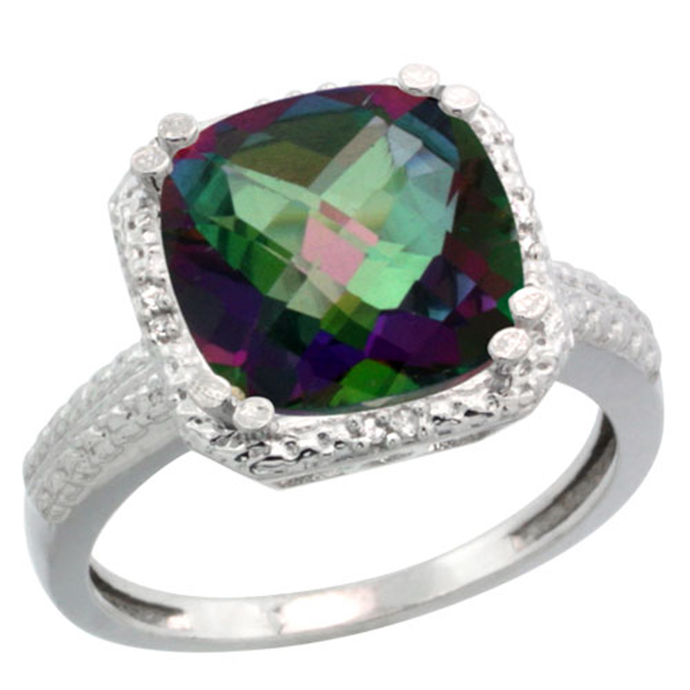 Sterling Silver Diamond Mystic Topaz Ring Cushion-cut 11x11mm, 1/2 inch wide, sizes 5-10