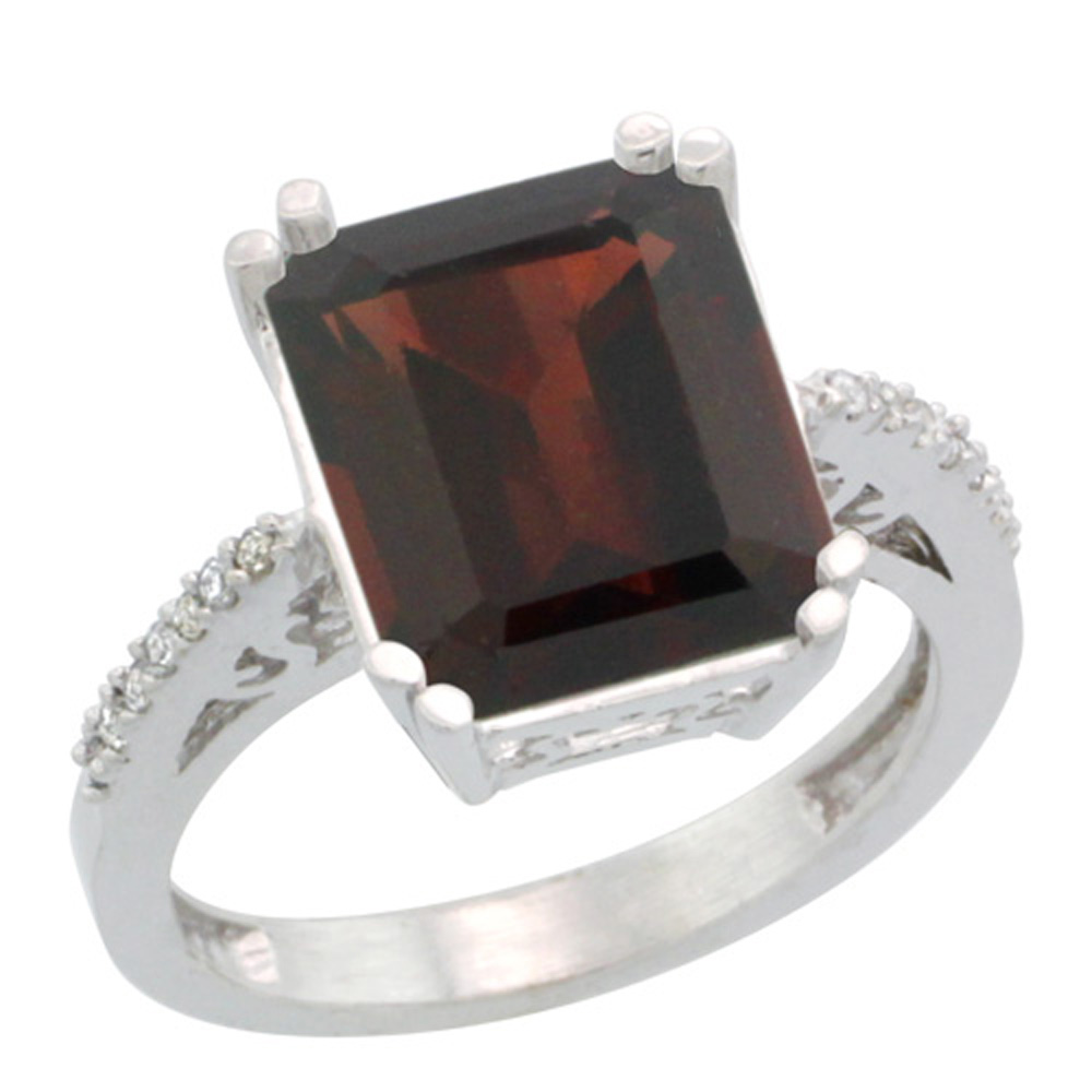 Sterling Silver Diamond Natural Garnet Ring Emerald-cut 12x10 mm, sizes 5-10