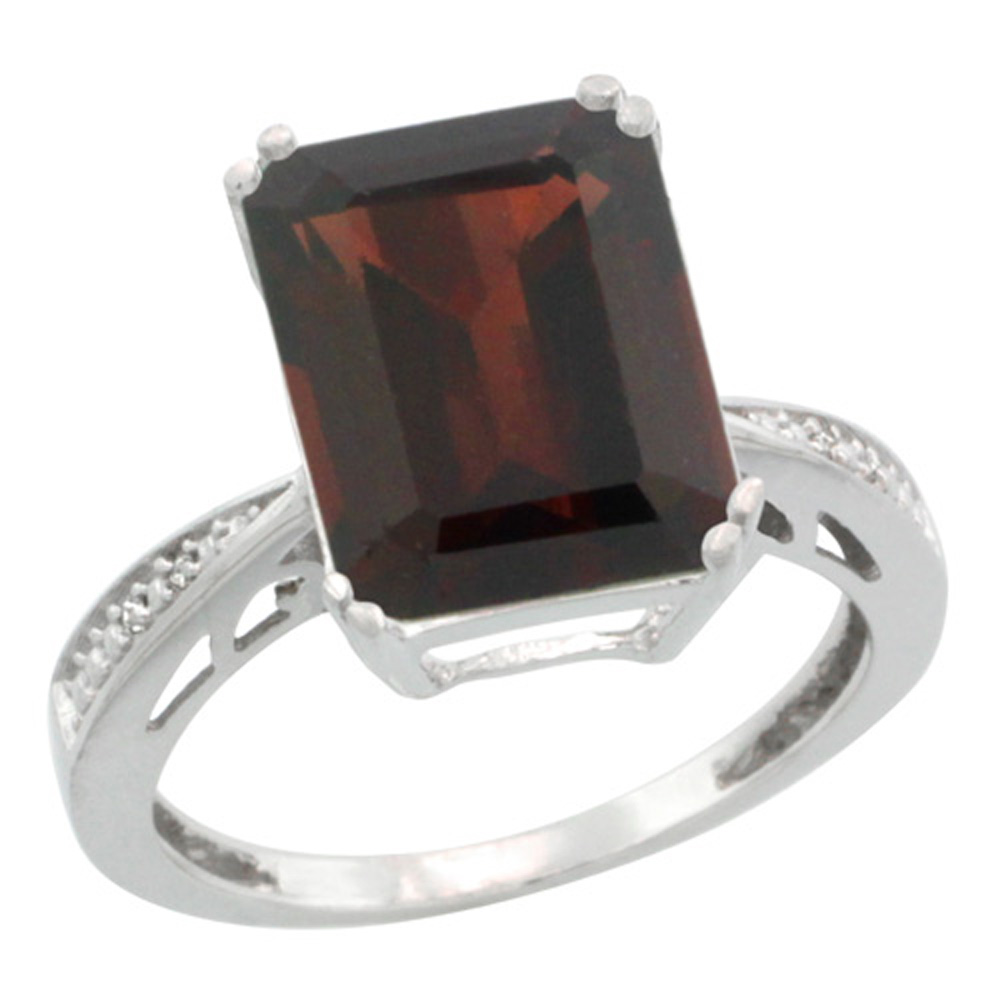 Sterling Silver Diamond Natural Garnet Ring Emerald-cut 12x10 mm, sizes 5-10