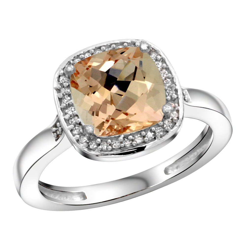 Sterling Silver Diamond Morganite Ring Cushion-cut 8x8mm, 1/2 inch wide, sizes 5-10
