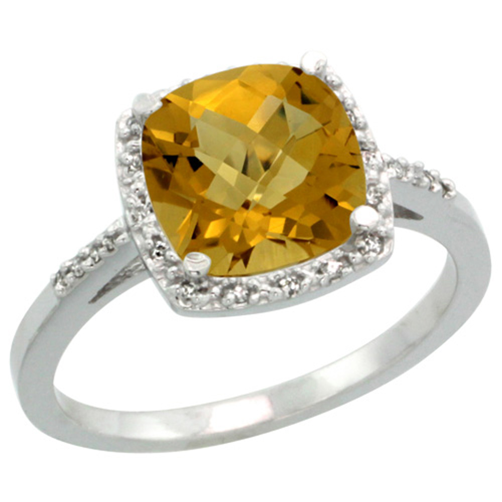 Sterling Silver Diamond Natural Whisky Quartz Ring Cushion-cut 8x8mm, 1/2 inch wide, sizes 5-10