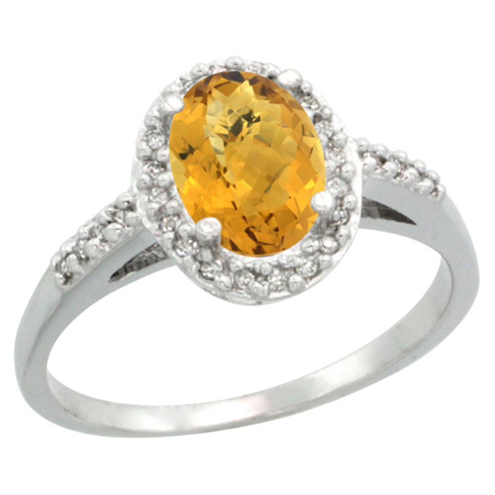 Sterling Silver Diamond Natural Whisky Quartz Ring Oval 8x6mm, 3/8 inch wide, sizes 5-10