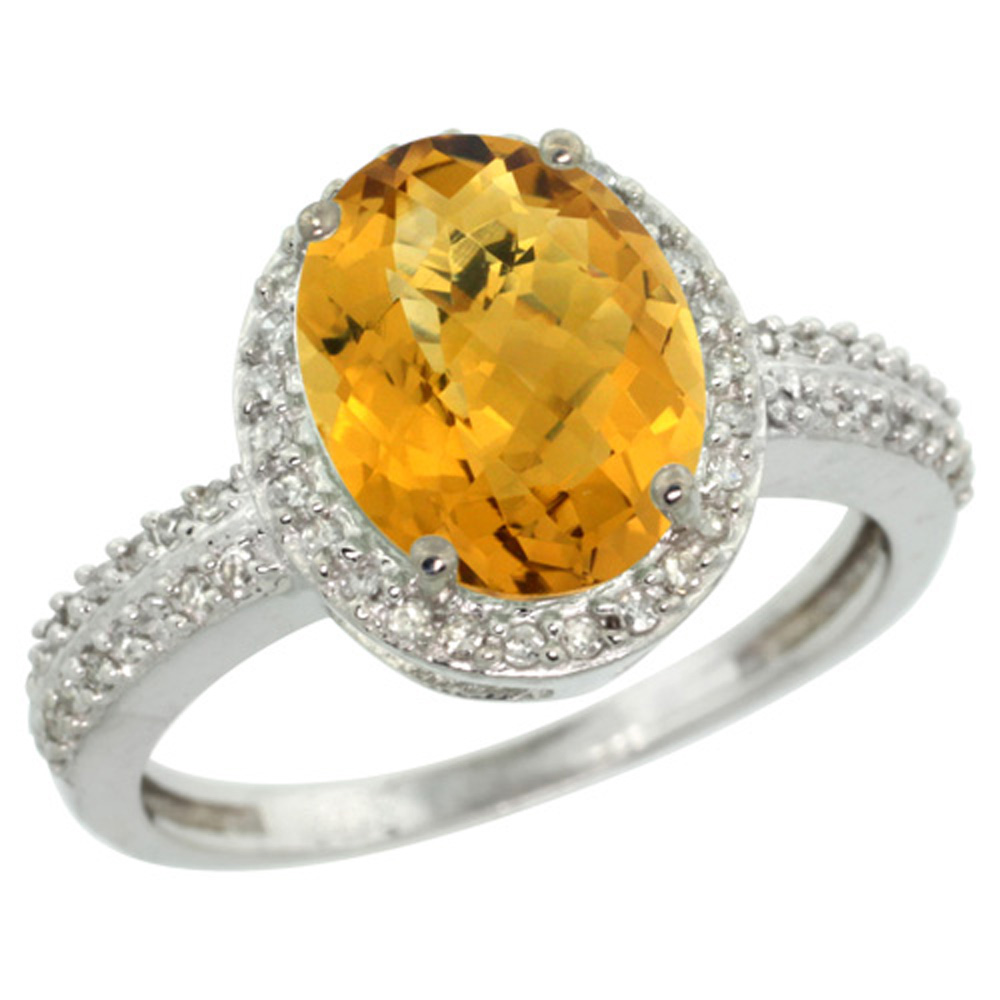Sterling Silver Diamond Natural Whisky Quartz Ring Oval 10x8mm, 1/2 inch wide, sizes 5-10