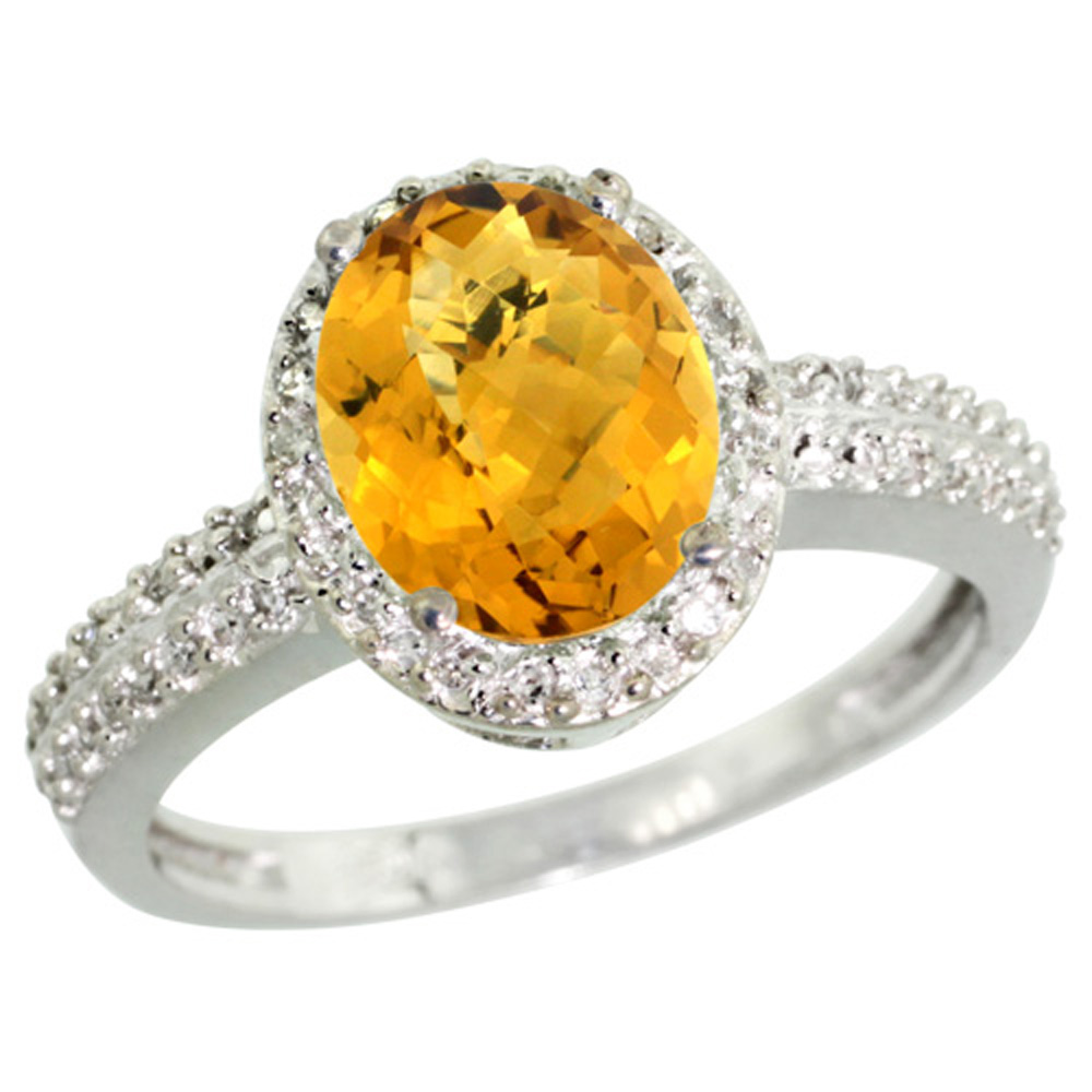 Sterling Silver Diamond Natural Whisky Quartz Ring Oval 9x7mm, 1/2 inch wide, sizes 5-10